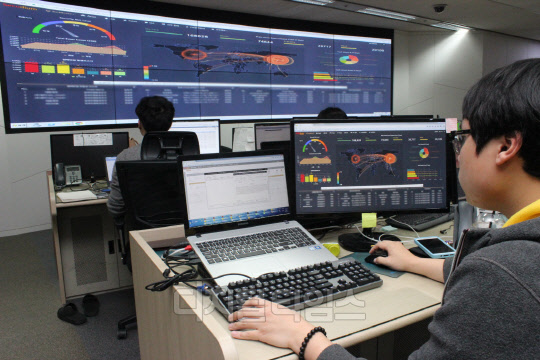 SK인포섹 통합보안관제센터 근무 모습. SK인포섹은 서울대학교와 AI엔진을 개발해 향후 자동화된 보안관제시스템을 만든다는 계획이다. SK인포섹 제공